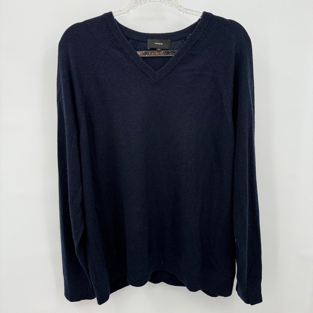 Vince Mens XL‎ Navy Blue Wool Cashmere V Neck Long Sleeve Sweater Preppy Classic
